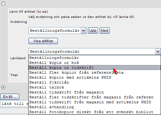 Figur 4.22 Använd Ned-knappen för att expandera underordnade avdelningar Figur 4.23 Använd rullgardinsmenyn för att peka ut den artikel du vill länka till 4.5.