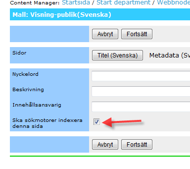 Figur 6.10 För att inte sökmotorerna skall hitta avdelningen/artikeln, sätt en bock i Ska sökmotorer indexera denna sida 6.