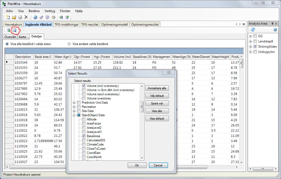 Forest Data är variabler som beräknats i Heureka, StandObject Data är variabler som direktimporterats från beståndsregistret.