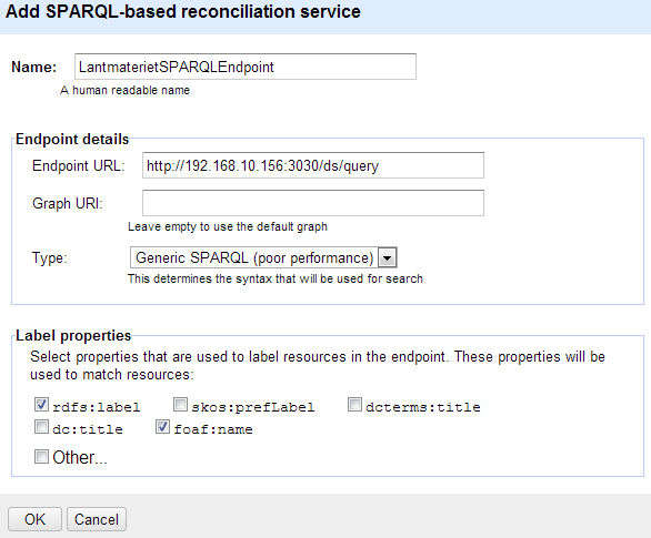 Figur 7:4. Google Refine, Skapade av ny SPARQL-endpoint. Efter att LM:s data har beskrivits på detta sätt läggs allt upp på en SPARQL-server.