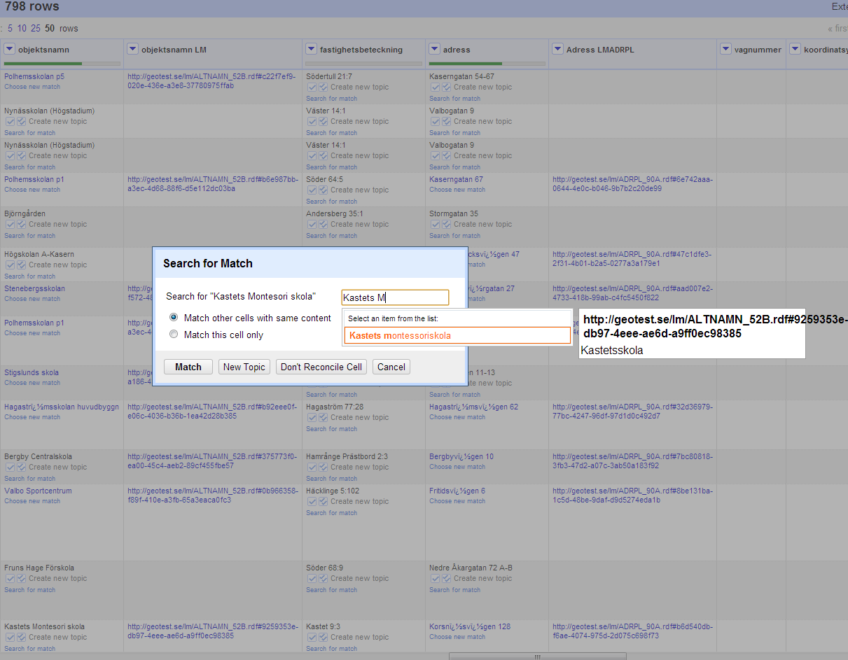 Figur 7:5. Google Refine, manuell matchning av MSB:s skolnamn Kastet skola mot Lantmäteriets URI:er Här är ett exempel på matchning mellan två skolnamn.