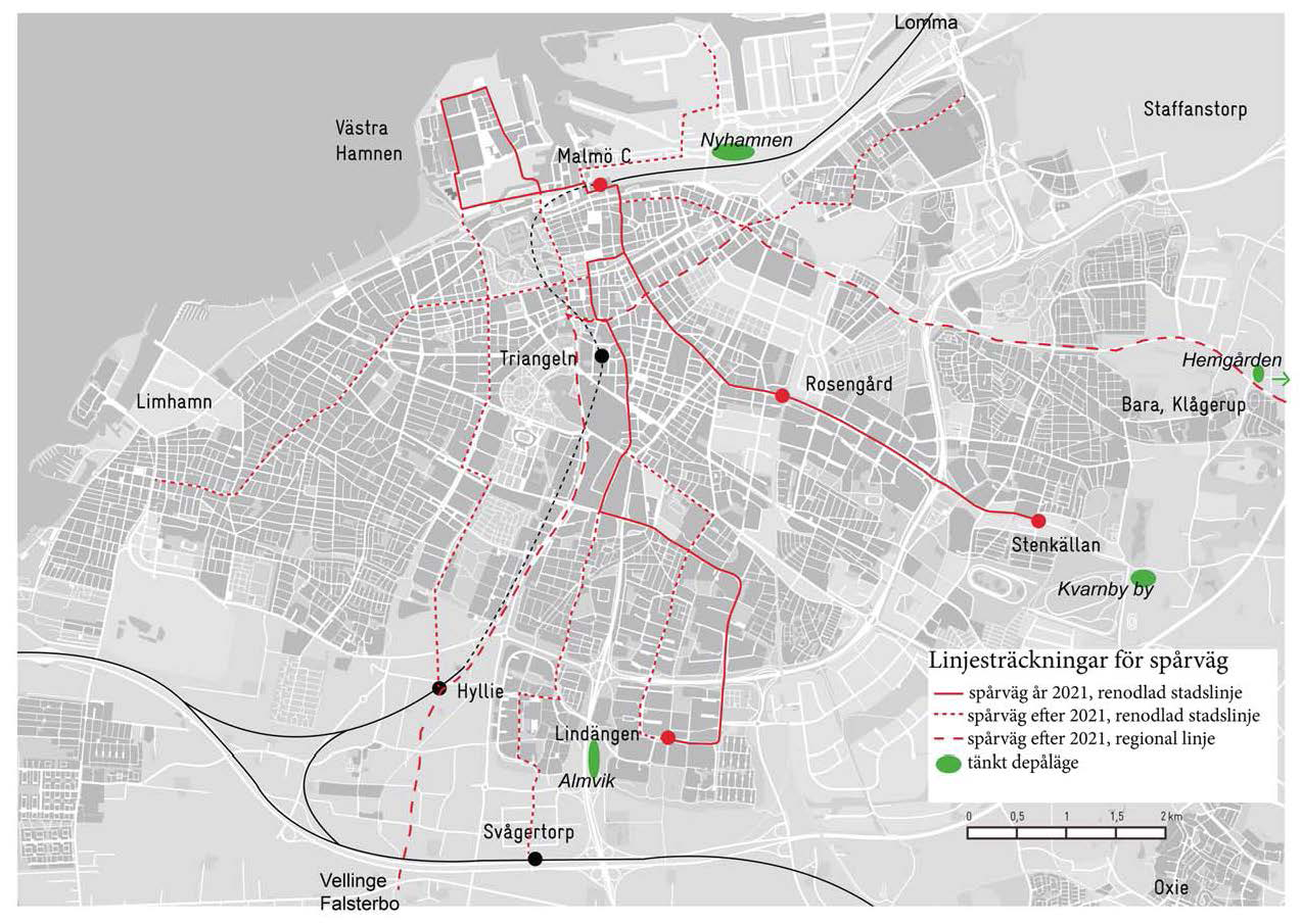 2(46) Möjliga depåplaceringar i Malmö vid fullt utbyggt spårvägsnät.