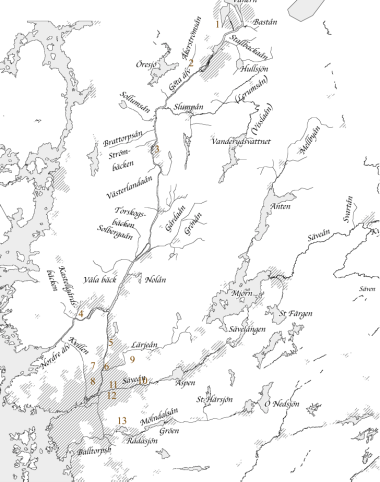 Figur 52. Avfallsupplag vid Göta älv. Respektive avfallsupplag har delgivits ett nummer som namnges i tabell 13. (Karta: Gunnel Lihmé, GR) 74 Tabell 13.