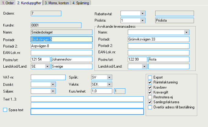 Exempel på order i Visma Administration Information från RemoteX Applications som sätts på ordern i Visma Administration beroende på val i Visma Connect.