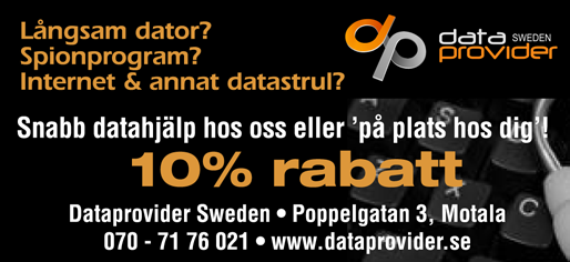 Ta gärna ur bilagan och spara! 10 % rabatt på datatillbehör, toner och bläck i vår butik! Strandvägen 2, 591 36 Motala, tel. 0141-20 93 50 Öppettider: Mån - Fre 08.00-17.00 www.koneo.