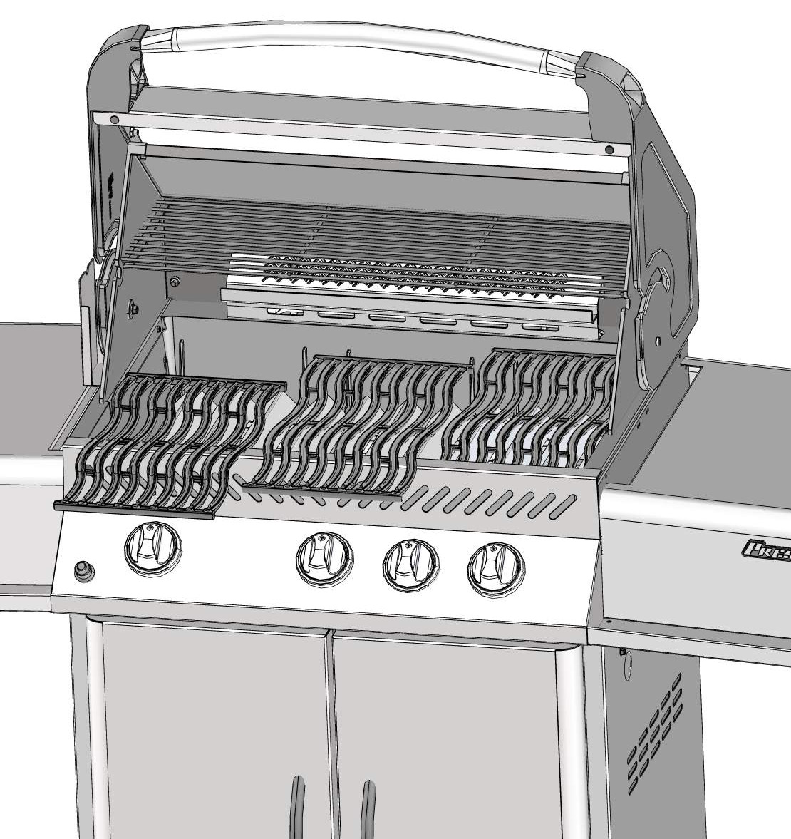 reiät osoittavat grillin etupuolelle.