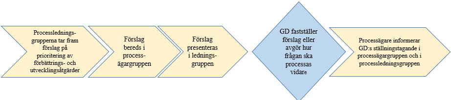 stödprocesserna ska ansluta till kärnprocesserna, att bevaka att frågor hanteras på rätt ställe i organisationen, att på olika sätt skapa förutsättningar för att processledningsgrupperna ska kunna