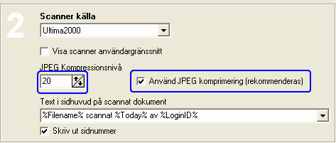 MedAKT 41 För att ställa in kvalitet kontra filstorlek på det scannade resultatet gör man enligt följande: Kryssa i kryssrutan som heter Använd JPEG komprimering. Ställ in JPEG kompressionsnivå på 30.