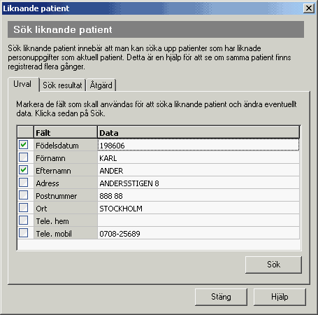 MedAKT 57 7.3 Sök liknande patient Sök liknande patient innebär att man kan söka upp patienter som har liknade personuppgifter som aktuell patient.