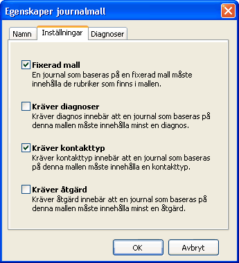 MedAKT 69 Inställningar för journalmall På fliken Inställningar finns det ytterligare funktioner som kan ställas in på journalmallen.