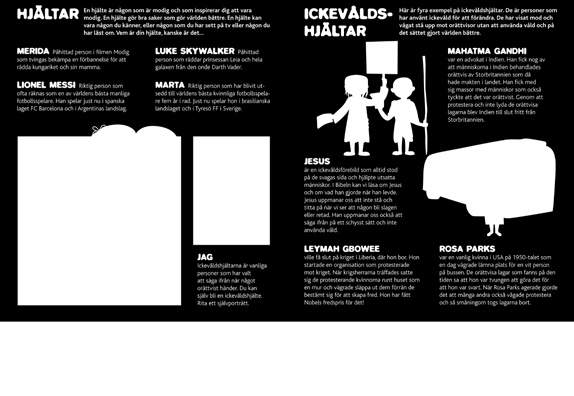 HJÄLTAR Övningar till sidorna 10 11: Hjältar och ickevåldshjältar Många som vi ser som hjältar är väldigt våldsamma.