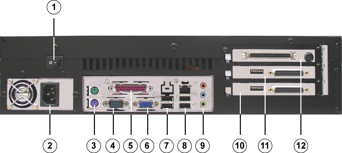 26 sv Enhetsanslutningar DiBos/DiBos Micro 3.2.2 DiBos Micro, sedd bakifrån 1 Brytare på/av 7 2x USB 2.0 (t.ex.