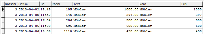 Man kan ange enskild kassa eller söka i alla kassor. Klicka sedan på Skapa fråga så får man se SQL-satsen i fönstret nere till höger. Ex.