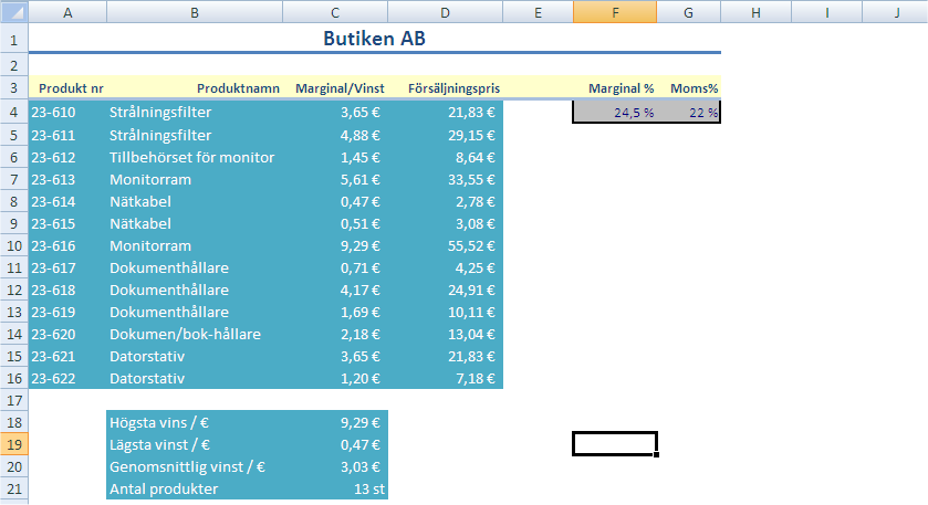 40 IT grundkurs 2 i datateknik vid Ålands lyceum Placera markören i cellen C18 och skriv =MAX( markera sedan cellerna C4:C16 och avsluta med ENTER.