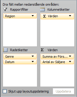 89 IT grundkurs 2 i datateknik vid Ålands lyceum Att pivottera en pivottabell är väldigt lätt bara du ser till att släppa upp musknappen när musknappen befinner sig i rätt position.