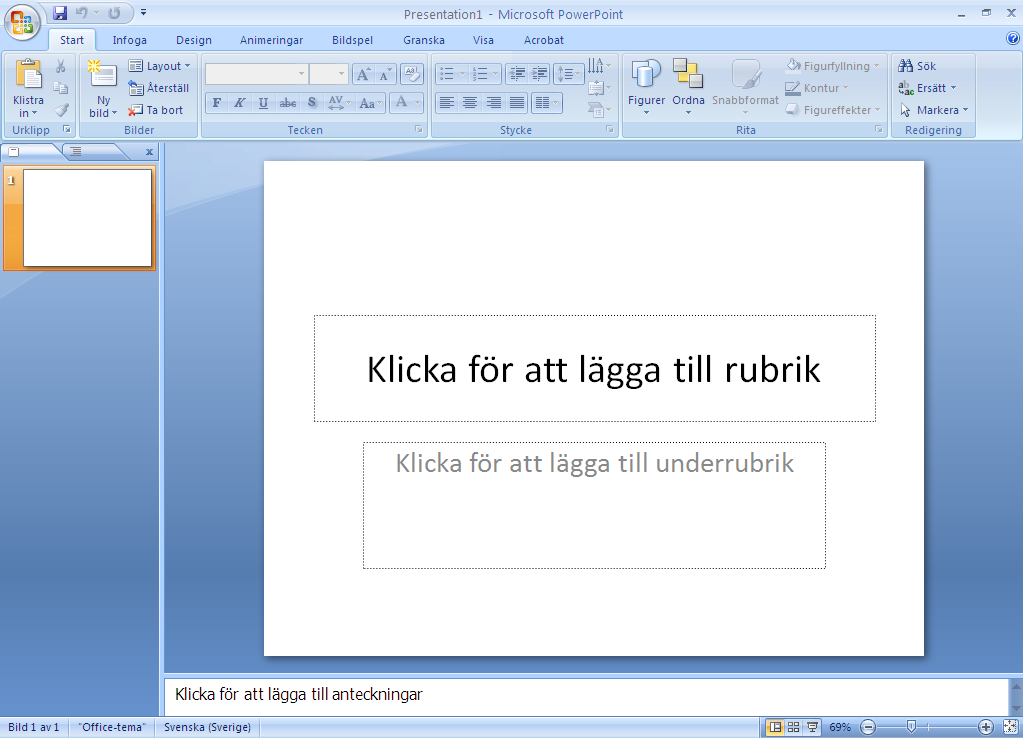 100 IT grundkurs 2 i datateknik vid Ålands lyceum MICROSOFT OFFICE POWERPOINT 2007 Välkomna till PowerPoint, Microsofts presentationsprogram.