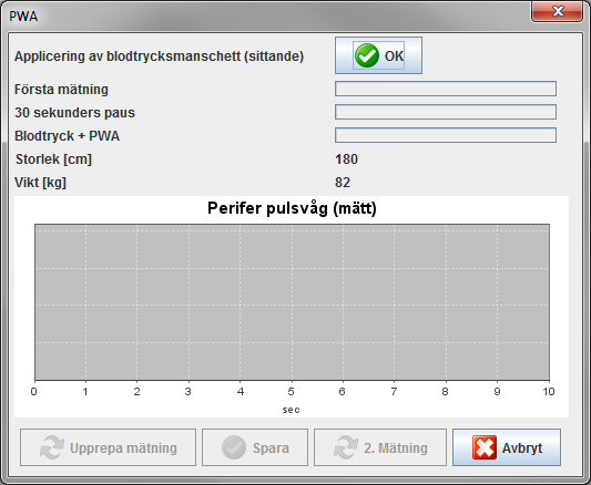 44 - Pulsvågsanalys (PWA). 5. Välj sedan PWA measurement för att öppna fönstret för CBP-mätning. 6. Klicka på OK för att starta mätningen. 7.