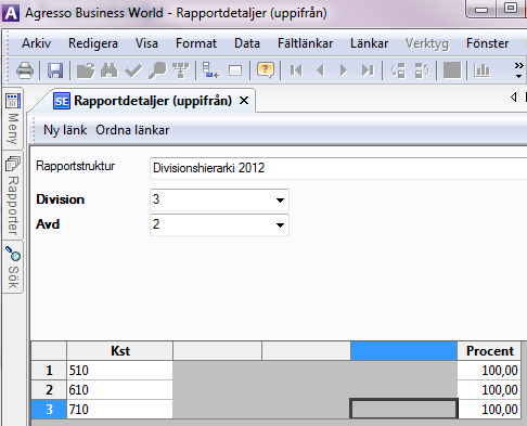 I exemplet som följer bygger vi en trädstruktur i tre nivåer som baseras på ett av begreppen i konteringssträngen, nämligen Kst (Kostnadsställe).