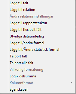 Fältförklaring Kolumnnamn Visa Delsum Sort De kolumner som sökningen skall omfatta. Hur kolumnnamnen skall presenteras. Summering (om ikryssat). Sorteringsordning.