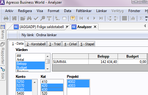 I tabellfältet till höger (SUMMA) visas den totala summan av det aktuella tabellfältet (valda värdet) för Värden (Beloppsfält) som är markerat.