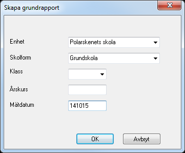 Skapa grundrapport Gå till Verktyg/Skapa grundrapport. Ange aktuell enhet, skolform samt mätdatum för att skapa ett underlag. Ange mätdatum till 141015.