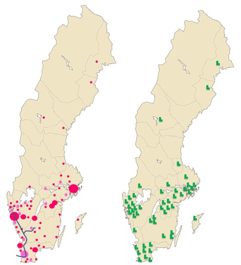 Figur 2. Kartläggning av Sveriges tankstationer för fordonsgas samt uppgraderingsanläggningar länsvis fördelat. Not.
