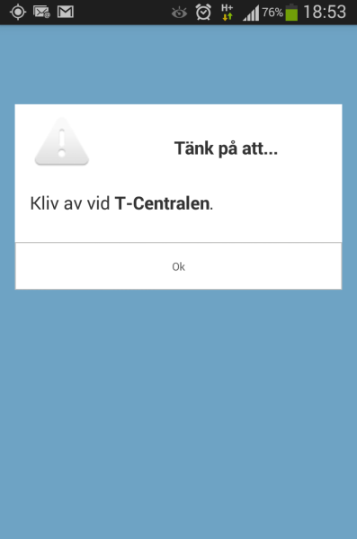 Resledaren visar skärmen så fort den station där bytet sker blir den närmaste stationen, detta fungerar så klart bara om Resledaren hittar din position till exempel med hjälp av mobilens GPS.