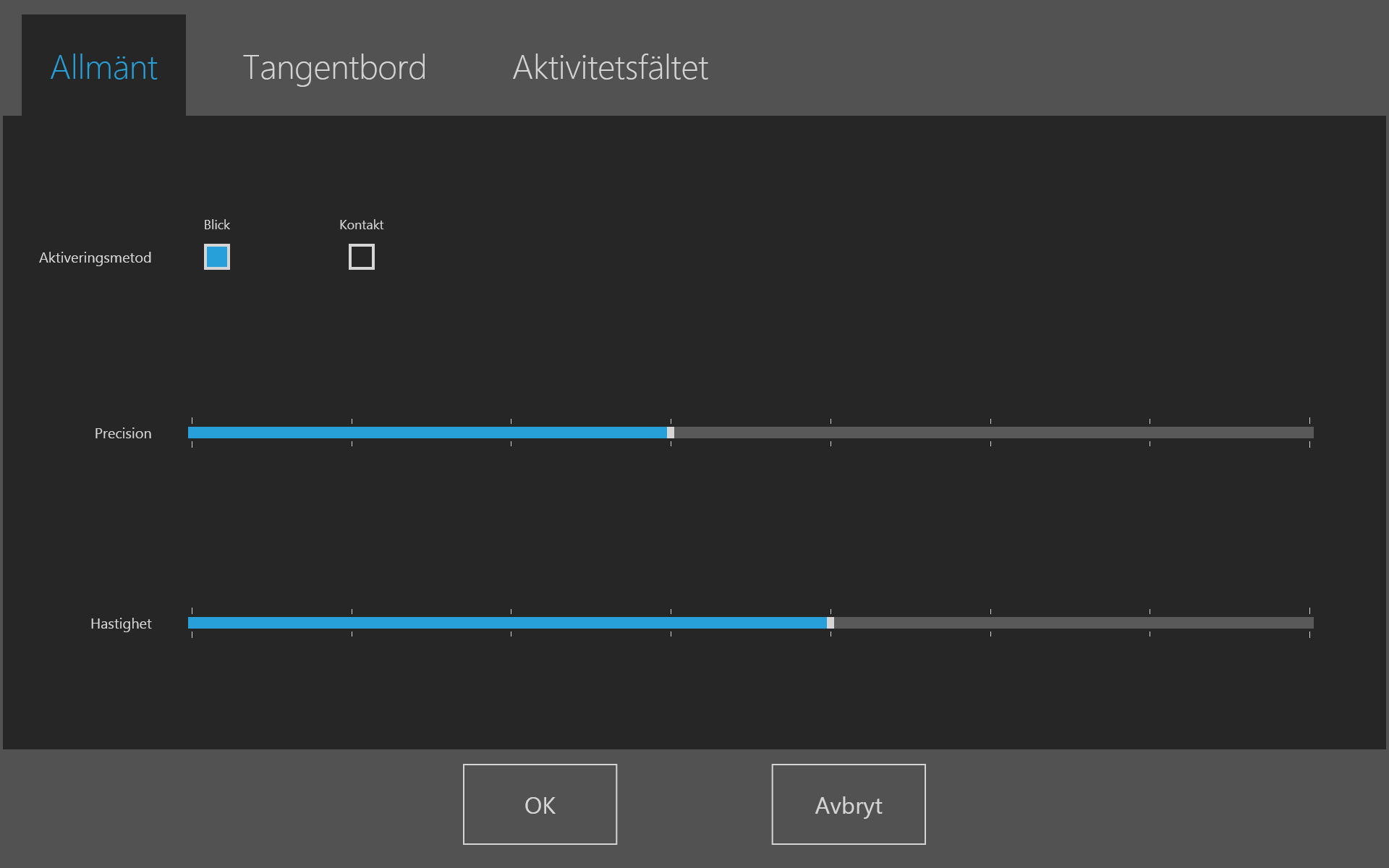 3 Inställningar för Gaze Selection Dialogfönstret Inställningar för Gaze Selection styrs med Gaze Interaction. Här kan användaren göra alla inställningar utan att använda varken tangentbord eller mus.