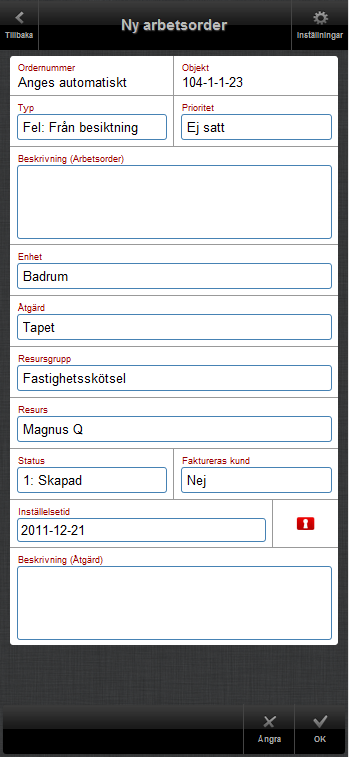 Ny arbetsorder Skapa en ny arbetsorder genom att fylla i uppgifterna och klicka därefter på OK för att skapa/spara