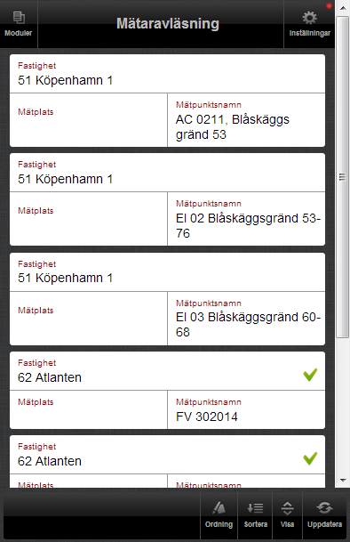 Modul Mätaravläsningar Vy Mätare Fältet för entiteten mätaren är kopplad till,