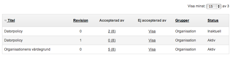 Sida 208/243 Gör ditt urval och klicka på knappen Visa i fältet Policy för att få fram ovanstående vy. Tabellen: En sammanfattning visas i tabellform med sorterbara kolumner.