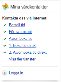 Välkommen att boka tid hos oss via e-tjänsten Mina vårdkontakter. Genom e-tjänsten Mina vårdkontakter kan du på ett säkert sätt boka och avboka tider när det passar dig.