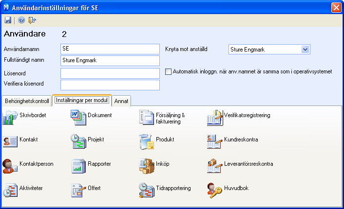 ANVÄNDARANPASSNINGAR Automatisk inloggning när användarnamnet är samma som i operativsystemet Markeras om användarnamnet du har i programmet är likt det som du använder vid inloggning i MS Windows.