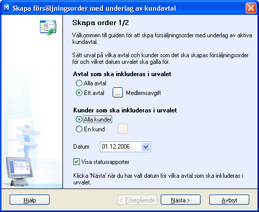 3. Välj om Alla kunder ska inkluderas i urvalet eller markera En kund och klicka på sökknappen för att välja kund. 4. Ange datum för när avtalsunderlaget ska skapas. 5.