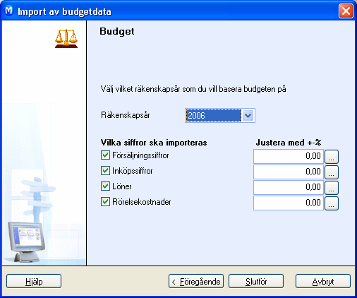 Tom budget Budgeten upprättas utan tal. Hämta data från verkligt räkenskapsår Du importerar faktiska tal från ett räkenskapsår som du väljer själv, som till exempel föregående.