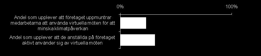 Virtuella möten Knappt en tredjedel av företagen använder sig aktivt av virtuella möten. Ju mindre företaget är, desto mindre förekommande är det och desto färre former av virtuella möten erbjuds.