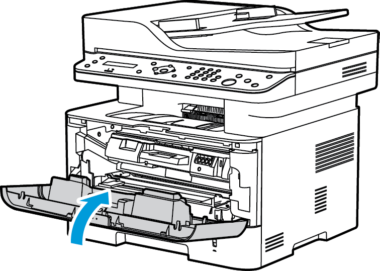 Rensa papperskvaddar Rensa papperskvadd inuti maskinen Försiktighet! Vissa delar av maskinen är heta. Var försiktig när du tar ut papper ur maskinen. 1. Öppna frontluckan. Dra ut tonerkassetten. 2.