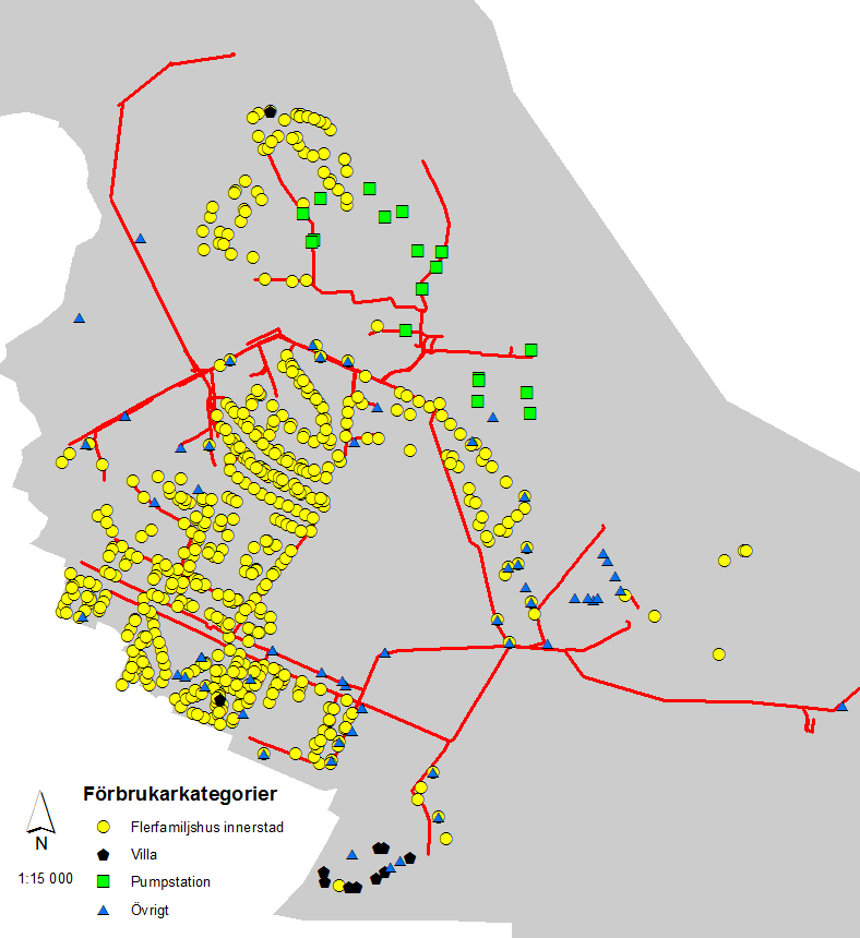 Figur 4. Huvuddelen av vattenförbrukningen i modellområdet beskrivs som kategorin Flerfamiljshus innerstad och markeras med gula cirklar i figuren.