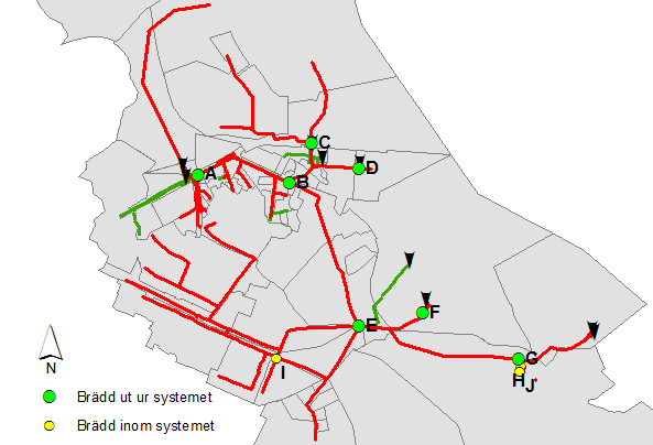 4 RESULTAT 4.1.1 Torrvädersdimensionering I modellområdets ursprungstillstånd förekom inte bräddning vid torrväder för de angivna maxdygnsfaktorerna och förbrukningsmönstren.