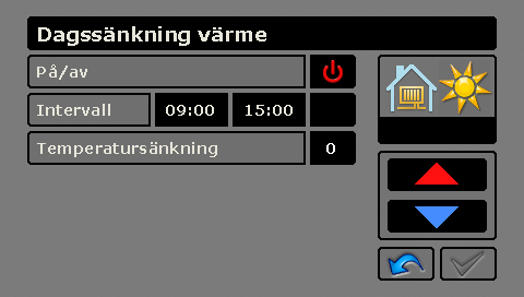 Nattsänkning värme I menyn Nattsänkning värme gör man en återkommande temperatursänkning nattetid. 1. Välj Värmejustering i huvudmenyn. 2.