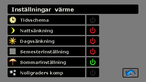 Tidsschema I menyn tidsschema anger man veckodag och upp till tre tidsintervaller/dygn när man ej tillåter varmvattenproduktion.