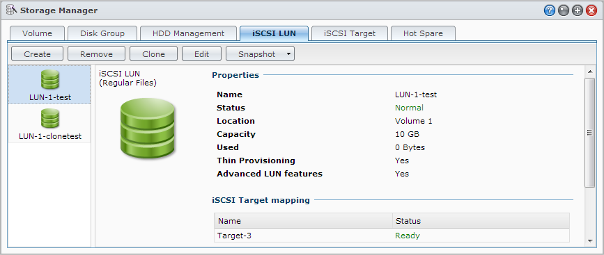 Hantera iscsi LUNs Bruksanvisning för Synology DiskStation En iscsi LUNs (logical unit number) representerar en individuellt adresseringsbar del av en iscsi Target.