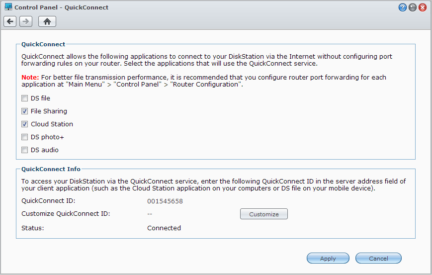 Bruksanvisning för Synology DiskStation Få åtkomst till DSM-tjänster via QuickConnect QuickConnect är en lösning som hjälper klientapplikationer (såsom DS file, Cloud Station, DS audio etc.