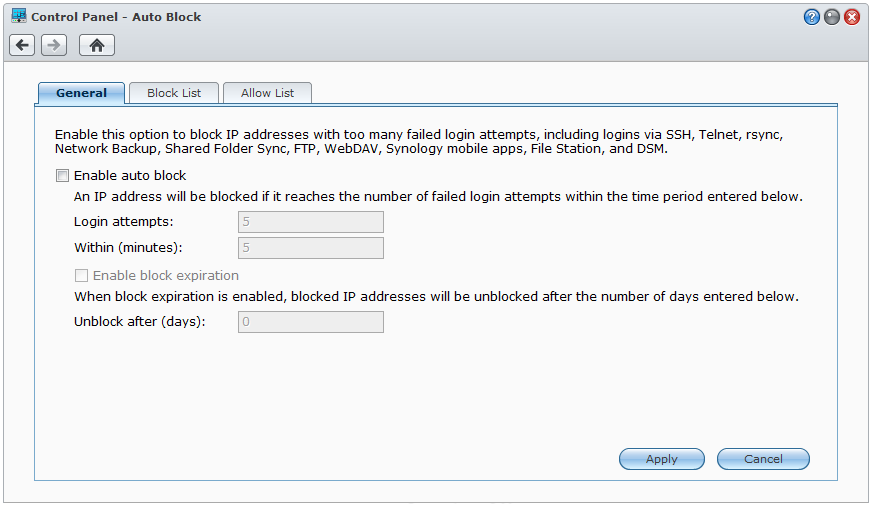 Bruksanvisning för Synology DiskStation Blockera misstänkta inloggningsförsök automatiskt Med Auto Block kan du förhindra oauktoriserad inloggning.