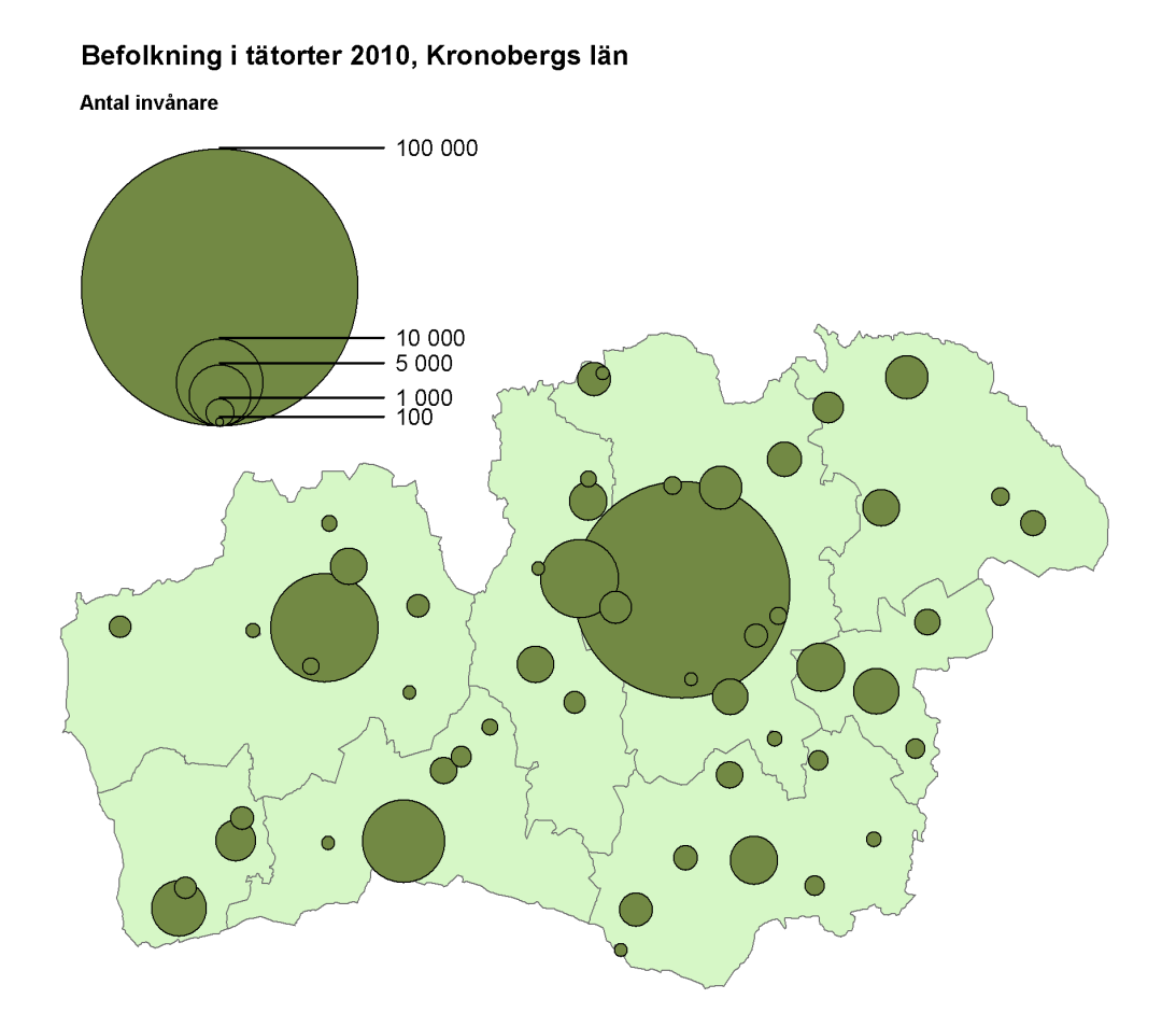 En större stad, många småorter Figur 4. Tätorterna i Kronobergs län i proportionerlig storlek.