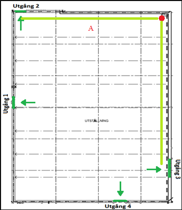 Bilaga B Förenklad dimensionering Gångavstånd I följande avsnitt kontrolleras gångavståndet till närmsta utrymningsväg eller till annan brandcell för det mest ogynnsamma fallet (röd prick). B.1 Mässhall Maximalt gångavstånd till närmaste utrymningsväg i Vk 2B lokal är 30 m.