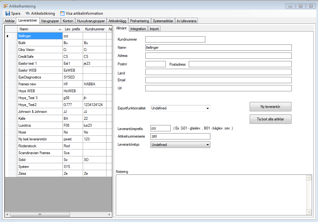 OBS: Tänk på att om ni ändrar Leverantörsprefix, eller artikelnummerserie kommer det att påverka hur nya artikelnummer ser ut!