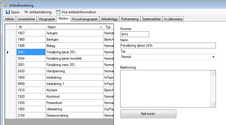 Konton Här skapas konton upp med kontonummer för redovisningen. För att skapa nytt klicka på Nytt konto. Ange : Nummer är det kontonummer som det skall redovisas mot. Namn är önskat namn på kontot.