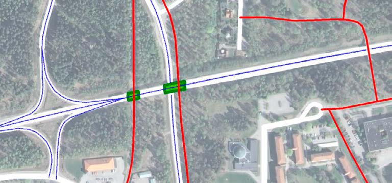 Figur 16. Järnvägen som barriär till vänster samt större vägar som barriärer till höger.