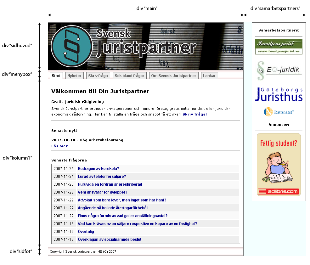 Lager: Lager är det sätt som jag har valt för att skapa layouten på Juristpartners webbplats. Därför beskrivs det i en egen punkt, 6.